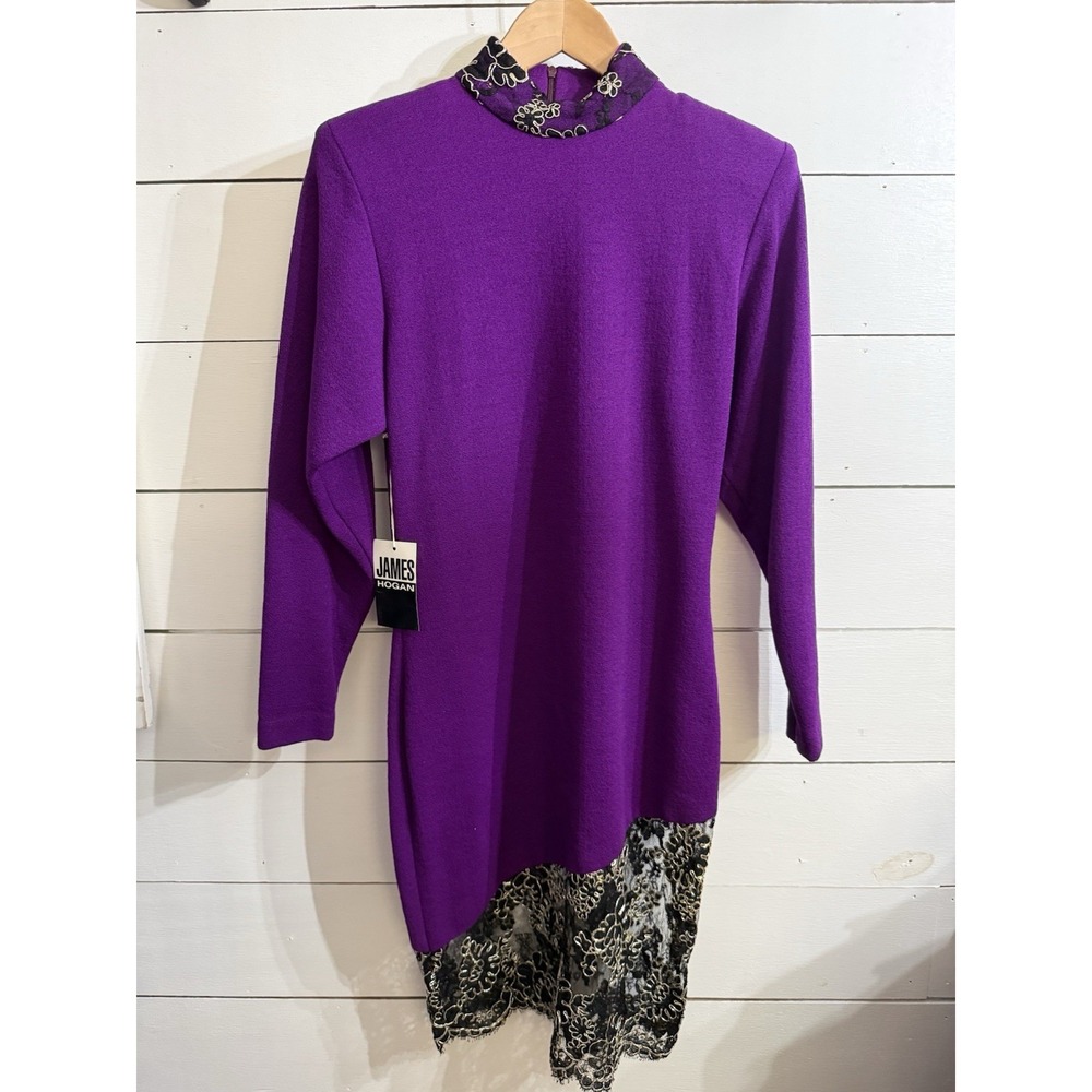 James Hogan‎ VTG Sz 8 Purple 100% Wool Lace Statement Evening Party Dress $680